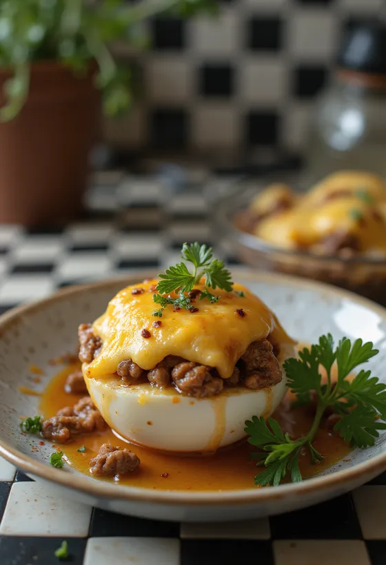 Gevulde aubergine met knapperige kaas bovenop, bestrooid met verse kruiden