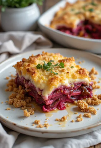 Vegan aubergine-moussaka met bietjes