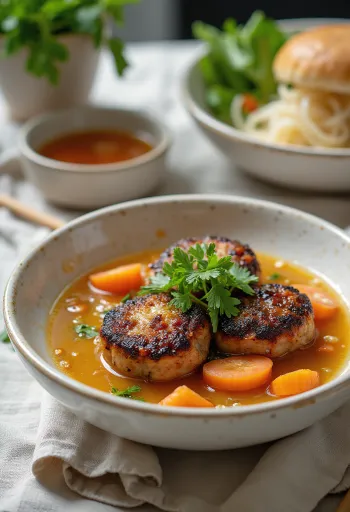 Bun cha geserveerd met rijstnoedels en groene kruiden