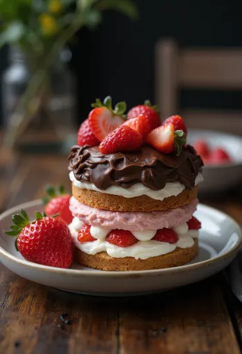 Chocolade-aardbeienkwarktaart versierd met verse aardbeien en chocoladeschaafsel