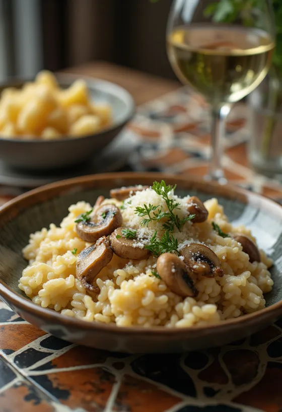 Paddenstoelenrisotto geserveerd met verse kruiden en Parmezaanse kaas