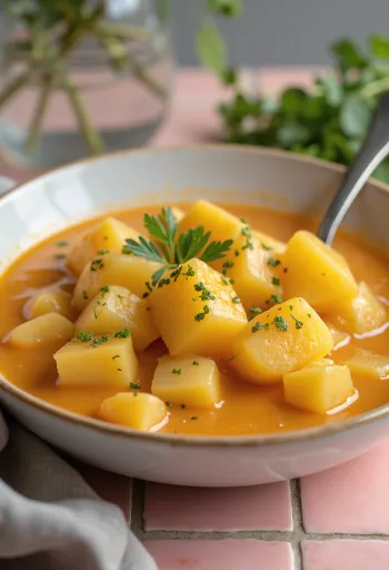 Klassieke aardappelstoofpot met binding van zure room en versierd met verse peterselie.