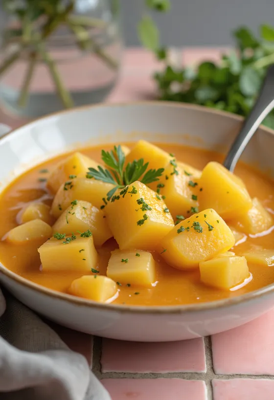 Klassieke aardappelstoofpot met binding van zure room en versierd met verse peterselie.