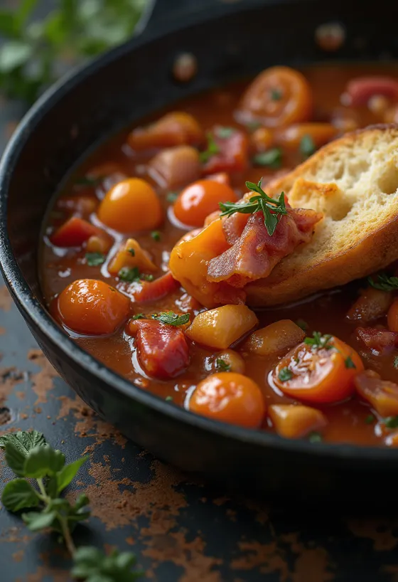 Lecsó geserveerd met verse paprika, tomaat en gerookte worst