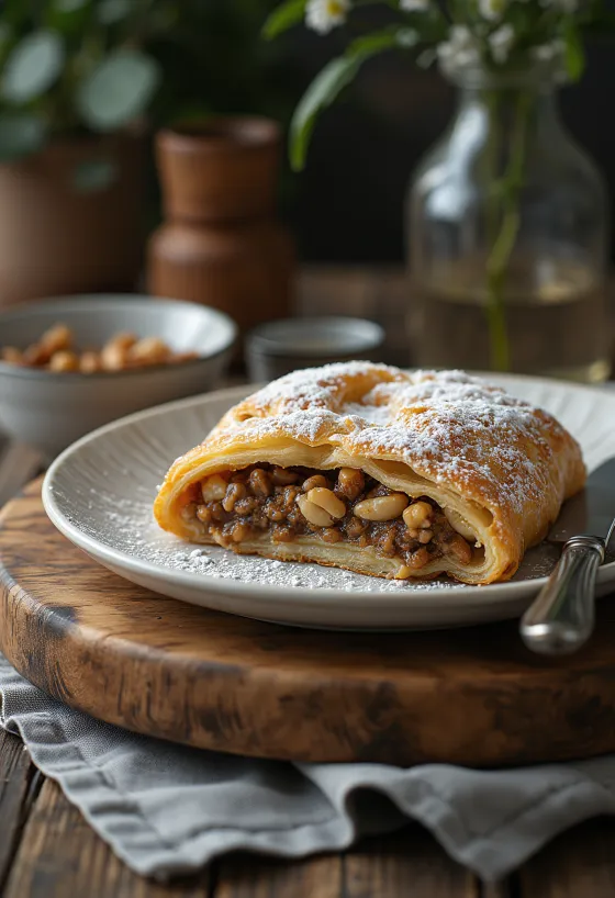 Geserveerde strudel met maanzaad en walnoten