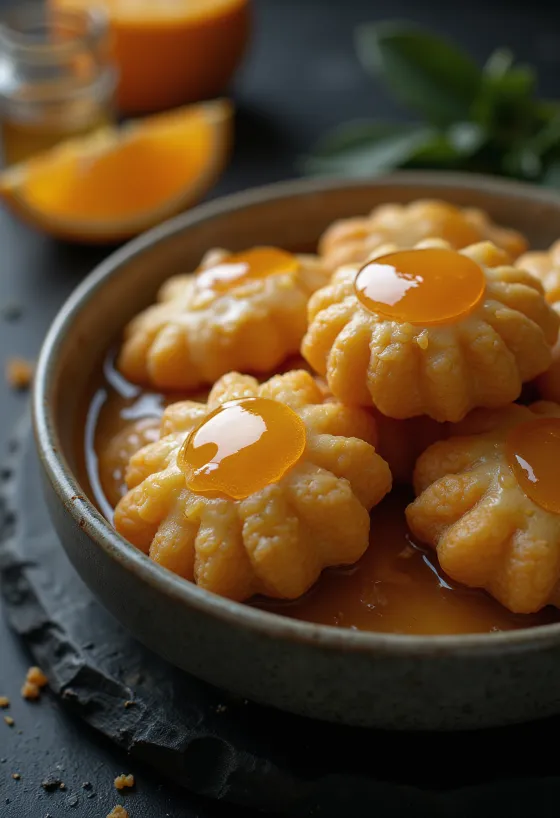 Melomakarona koekjes doordrenkt met honing-sinaasappelsiroop, geserveerd op een schaal