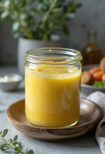 Honing-mosterdsaus geserveerd met salade