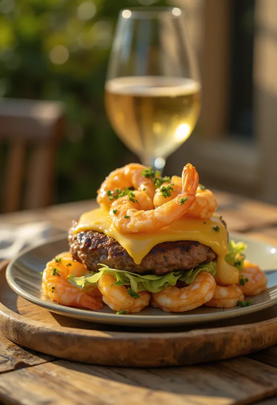 Surf and Turf burger met rundvlees en garnalen
