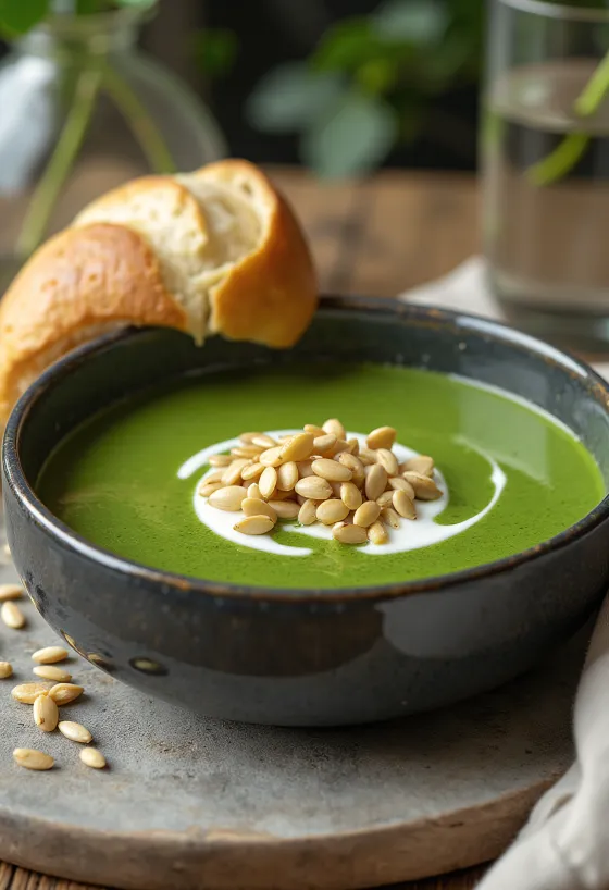 Vegan broccoli-crèmesoep geserveerd met geroosterde zonnebloempitten