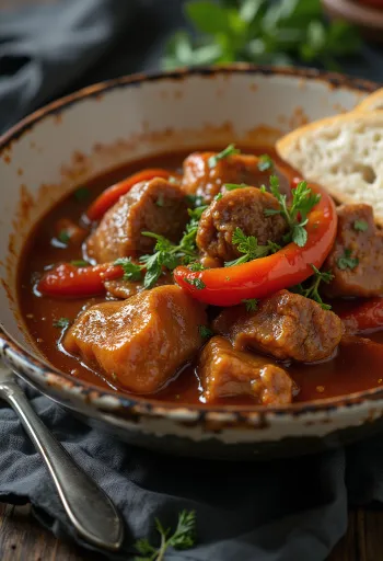 Rundergoulash geserveerd met vers brood