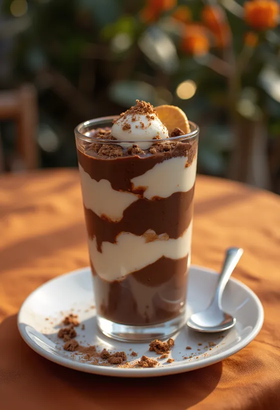 Chocoladedessert in lagen in een glas, versierd met chocoladeschaafsel