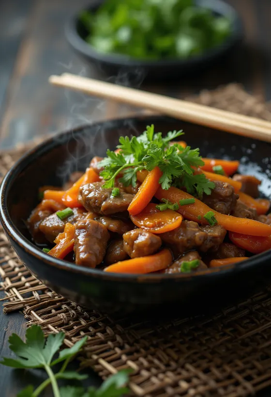 Gemberrundvlees uit de wok geserveerd met groenten