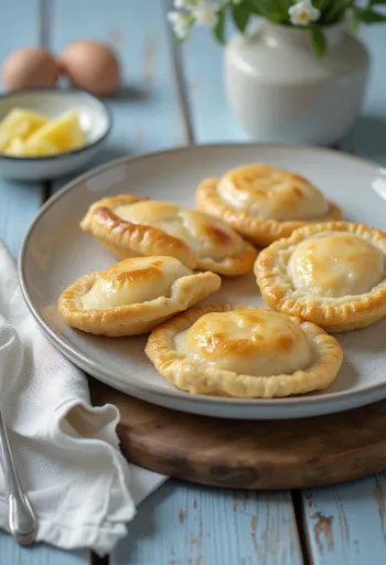Karjalanpiirakka met rijstpudding, goudbruin, knapperig deeg, met mooi verdeelde vulling
