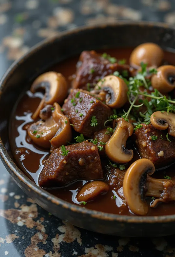 Elandstoofpot met paddenstoelen geserveerd in een rustieke kom