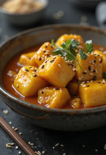 Aubergine stoofpot met sesam geserveerd