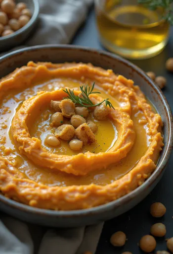 Wortelhummus geserveerd in een keramische kom, besprenkeld met olijfolie, sesamzaad en peterselie