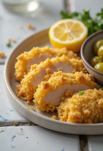 Gepaneerde varkensfilet goudbruin gebakken, met een knapperige korst en geserveerd met verse citroenschijfjes