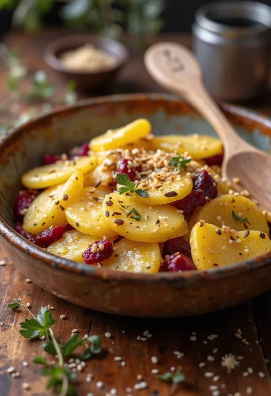 Vegan aardappel-ovenschotel met bietjes