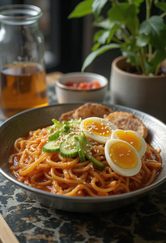 Bibim naengmyeon, Koreaanse koude noedels met verse groenten en pittige saus