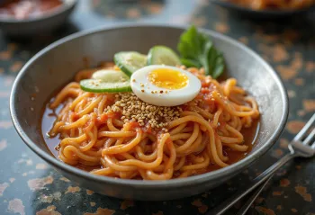 Bibim naengmyeon, Koreaanse koude noedels met verse groenten en pittige saus