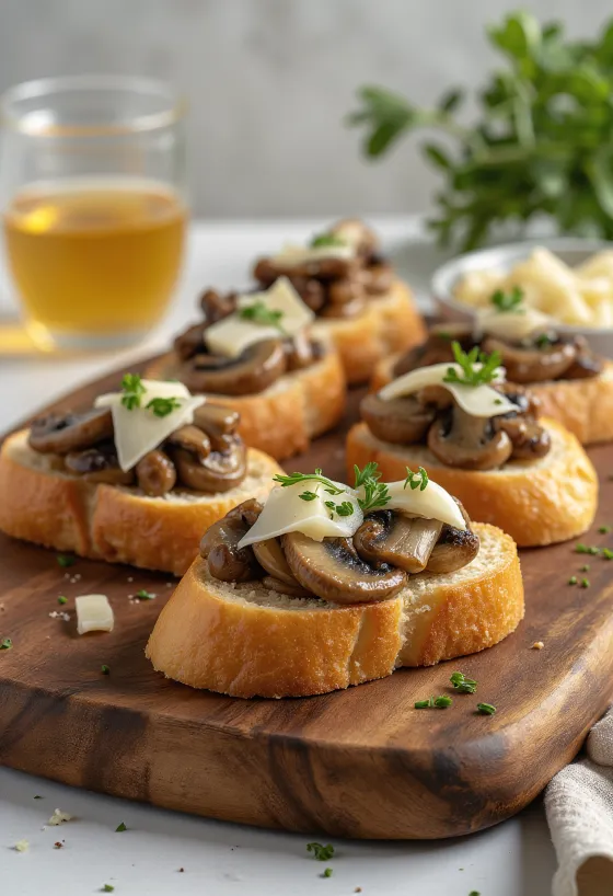 Bruschetta met paddenstoelen en knoflook geserveerd op knapperig brood