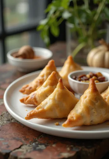Samosa met walnoot en rozijnen geserveerd
