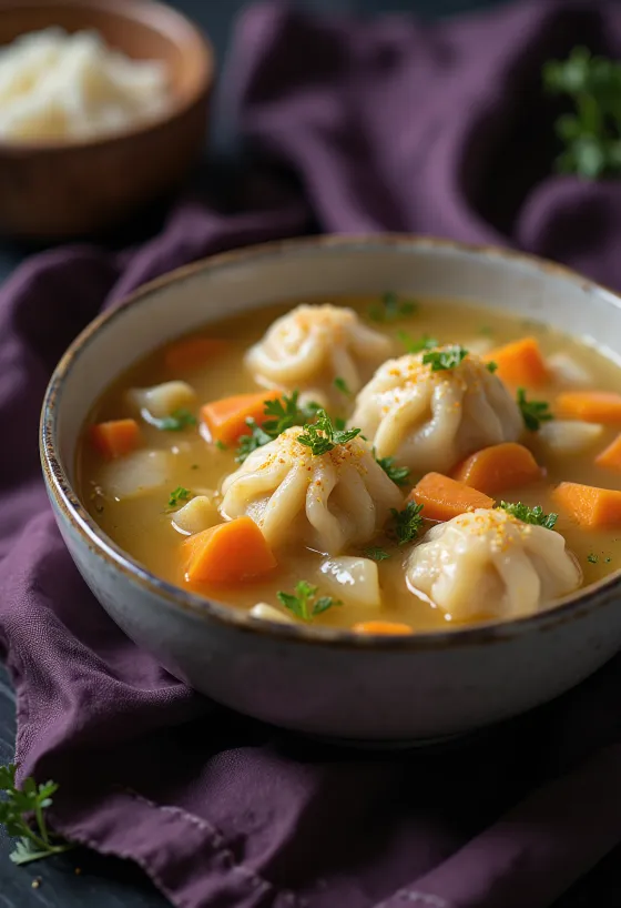 Hete knoedelsoep met groenten en zachte huisgemaakte knoedels, geserveerd in een diep bord