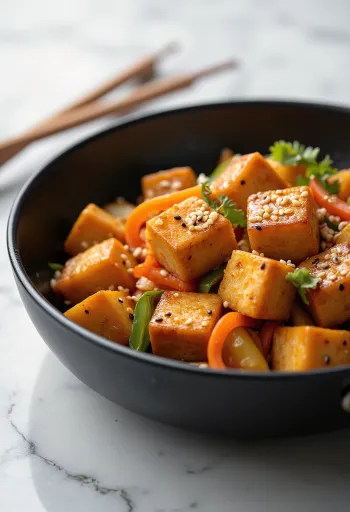 Hornado de tofu, gebakken tofu met groenten en sojasaus, geserveerd met verse koriander