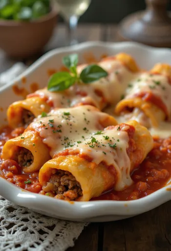 Cannelloni met vlees geserveerd met tomatensaus en gesmolten kaas
