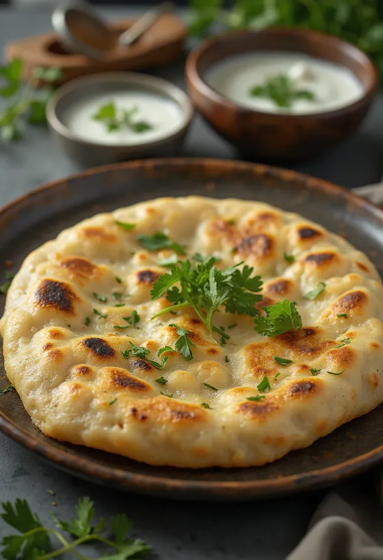 Lauki paratha, gevuld platbrood met fleskalebas, geserveerd met verse koriander
