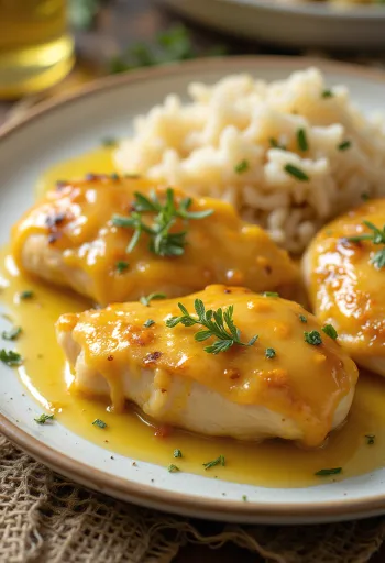 Sappige honing-mosterd kipfilet krokant gebakken, geserveerd met verse groenten.