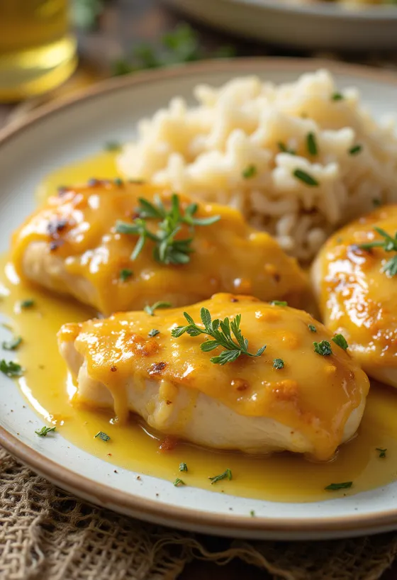 Sappige honing-mosterd kipfilet krokant gebakken, geserveerd met verse groenten.