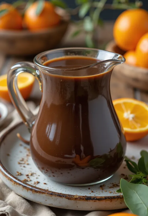 Sinaasappel-chili-chocoladesaus geserveerd