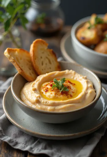 Auberginecrème met geroosterde paprika geserveerd