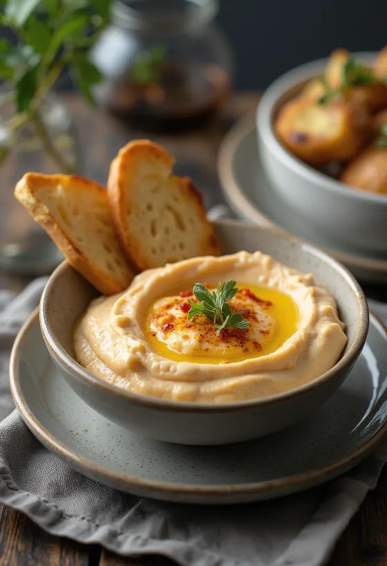 Auberginecrème met geroosterde paprika geserveerd