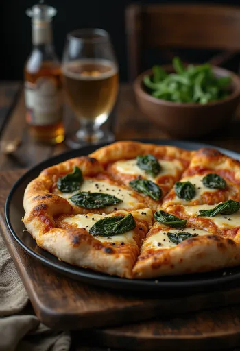 Tibetaanse stijl pizza geserveerd met yak kaas en verse spinazie