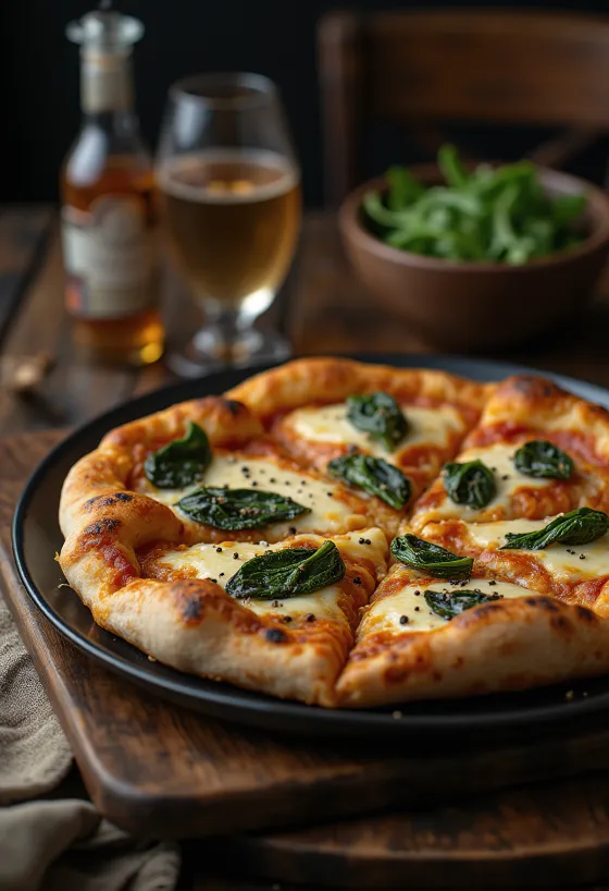 Tibetaanse stijl pizza geserveerd met yak kaas en verse spinazie