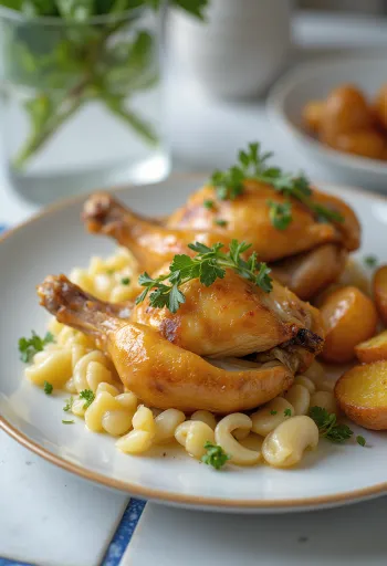 Gebraden kwartel met kruiden, knapperig vel en versierd met citroen