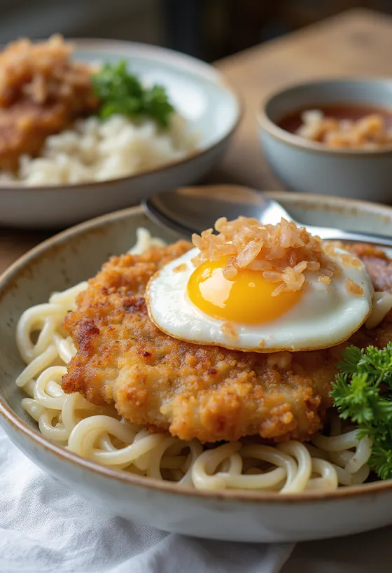 Katsudon gevuld met tarako kabeljauwkuit, knapperige kip en rijke sojasaus