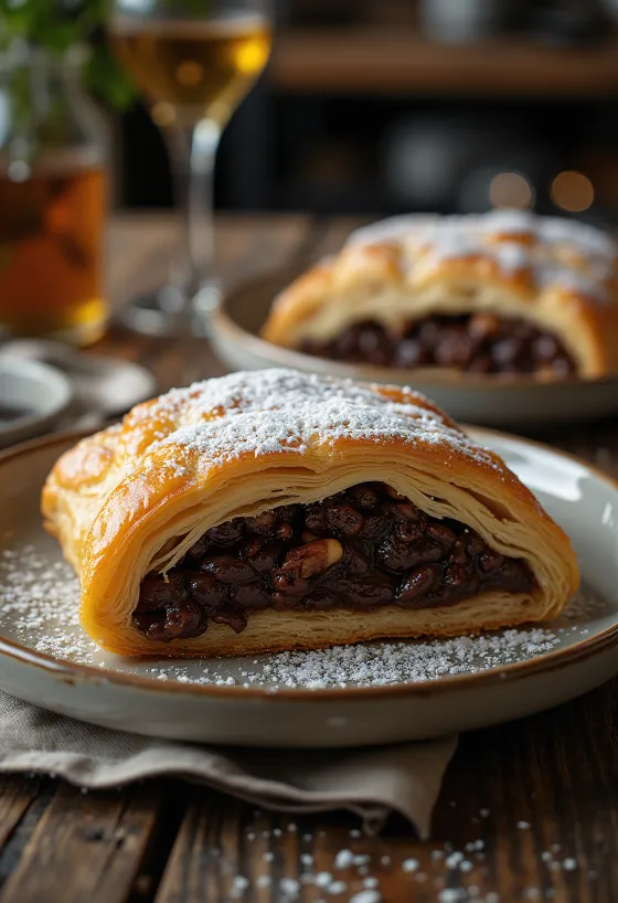 Chocoladestrudel geserveerd op een bord