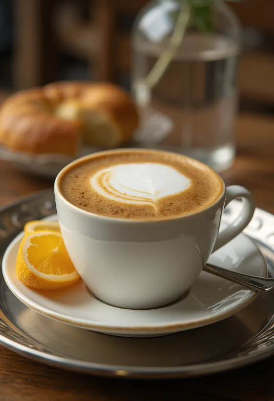 Kaneel-gember latte, koffie versierd met een kaneelstokje en gember