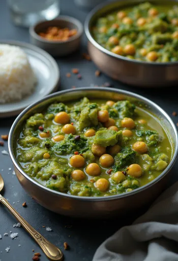 Keerai Kadalai Kootu geserveerd met kikkererwten, spinazie en kokosrasp