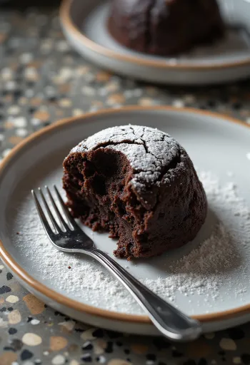 Kladdkaka met chocolade, geserveerd met poedersuiker en stukjes chocolade