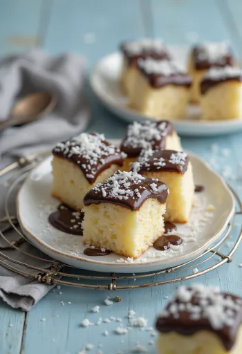 Kokosblokjes met chocoladeglazuur en kokosrasp