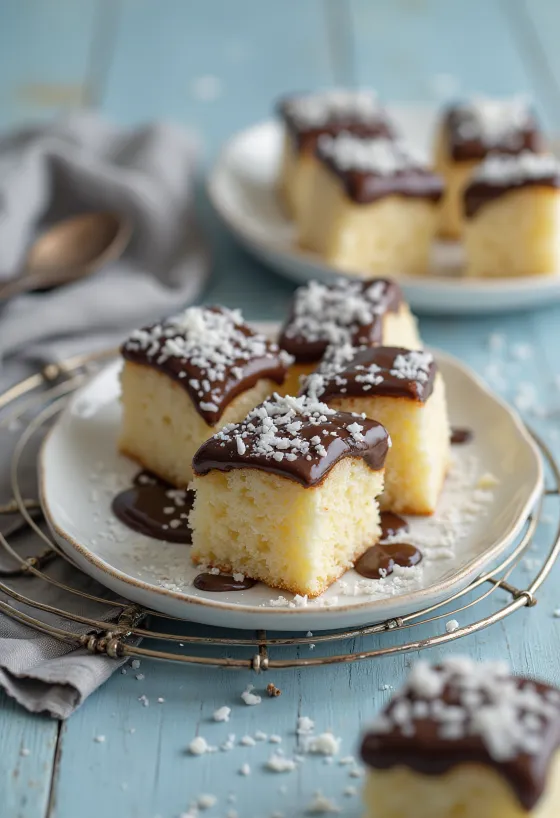 Kokosblokjes met chocoladeglazuur en kokosrasp