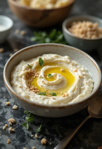 Auberginespread met tahini geserveerd