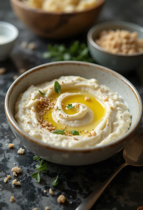Auberginespread met tahini geserveerd
