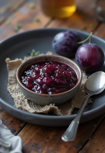 Pruimenchutney in een pot, rijke donkerrode gekruide saus