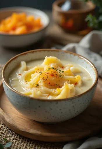 Romige pompoenstoof met dille en zure room, geserveerd met een vers knapperig broodje