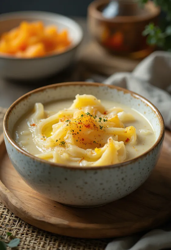 Romige pompoenstoof met dille en zure room, geserveerd met een vers knapperig broodje